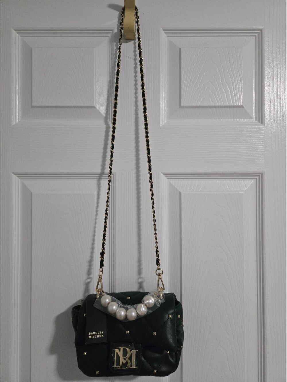 Badgley Mischka Quilted Crossbody Bag Green Gold Studded Pearl Handle NWT New - Picture 11 of 15